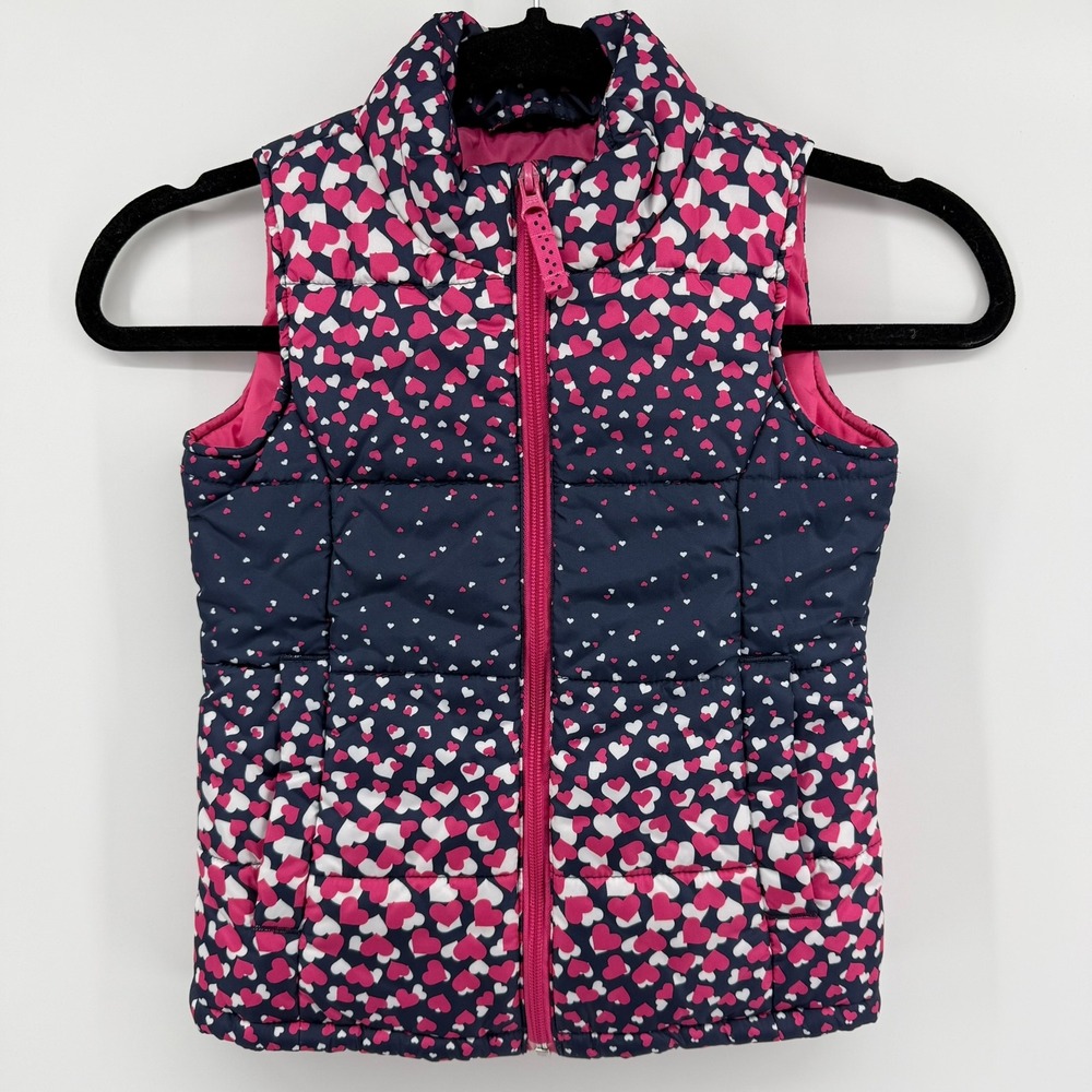 Lands End Kids Puffer Vest Navy Pink White Heart Print Size S 4 Full Zip Padded